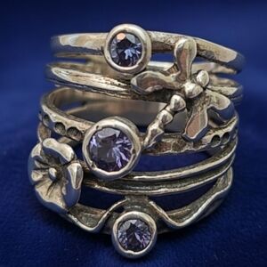 PAZ Israel sterling silver Dragonfly flower multi band Layer purple stones 7.5